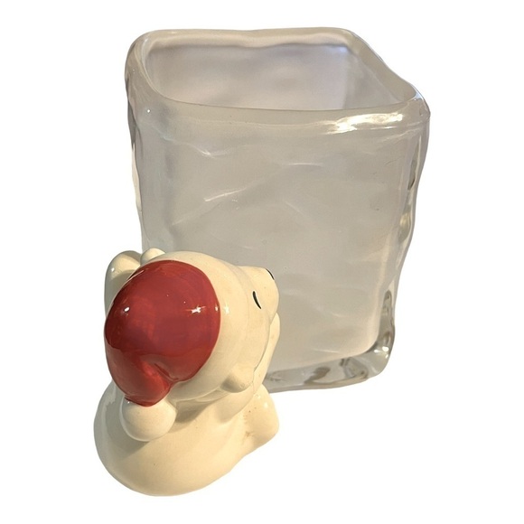 POLAR bear with Santa hat hugging frosted planter. - Picture 3 of 8